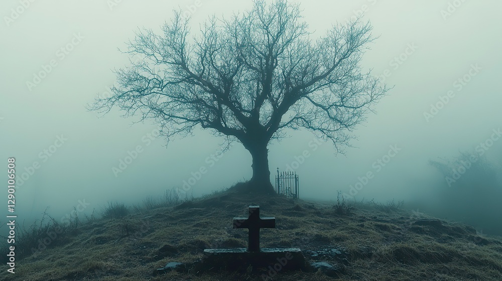 Poster sacred silence leafless tree with christian cross and gate or burial site stark ethereal foggy backg