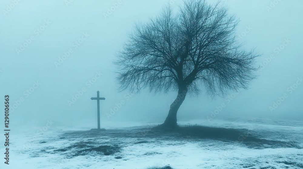 Aufkleber sacred silence leafless tree with christian cross stark ethereal foggy background abstract minimalis