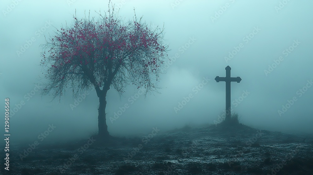 Poster sacred silence leafless tree with christian cross stark ethereal foggy background abstract minimalis