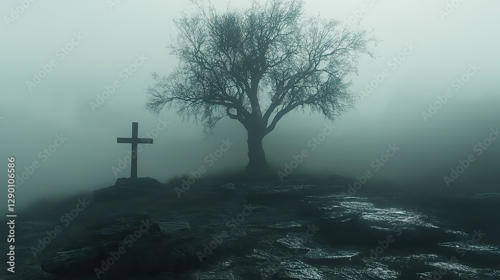 Poster sacred silence leafless tree with christian cross stark ethereal foggy background abstract minimalis