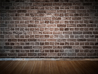 Damaged brick wall and wooden floor background for design.
