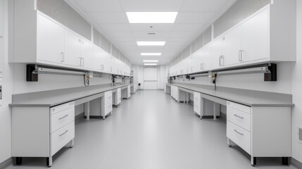 A clean, modern laboratory space with white cabinets and wide countertops.