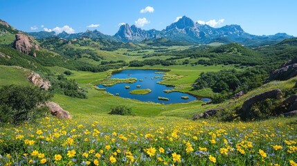 Obraz premium Mountain valley wildflowers summer lake scenic landscape travel poster