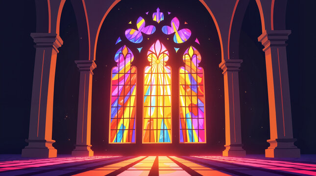 Vibrant stained glass window illuminating gothic church interior, spirituality