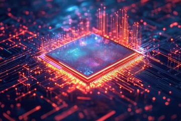 A 3D-rendered visualization of an AI chip surrounded by digital particles and light trails, representing fast data processing.