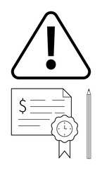 Warning sign above a document with a dollar sign, lines of text, pencil, and certificate ribbon seal. Ideal for finance, legal issues, education, certification, safety compliance regulatory