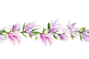 Obraz premium Springtime seamless floral decoration border. Hand drawn magnolia flower. Botanical illustration.