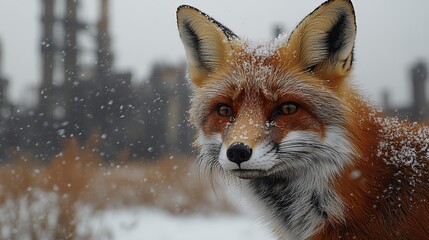 Obraz premium silhouette of a fox in the snow against the background of a refinery environmental pollution