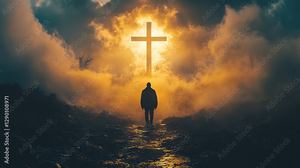 Poster silhouette of a man fluctuating in the clouds christian cross in the sky