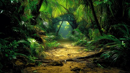 Lush Green Jungle Path with Sunlight Streaming Through