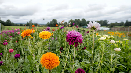 Obraz premium Vibrant Dahlias and Flowers in a Summer Field