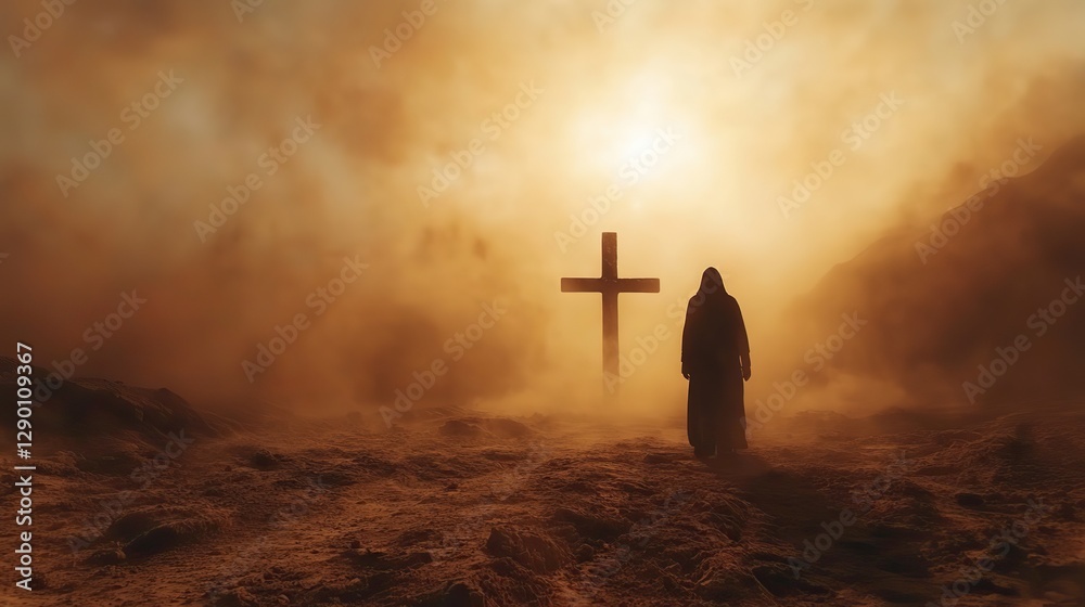 Poster silhouette of a man in the desert in front of a cross arid landscape in the dust under the sun