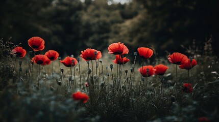 Obraz premium Lush Field of Vibrant Red Poppies Surrounded by Greenery Capturing Nature's Beauty in a Tranquil Setting Under Soft Natural Light with a Blurred Background