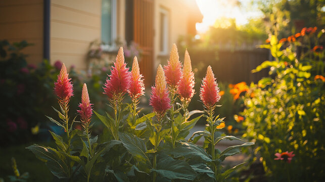 Beautiful pink celosia flowers in a summer garden sunlight red bloom plant image decor flora green