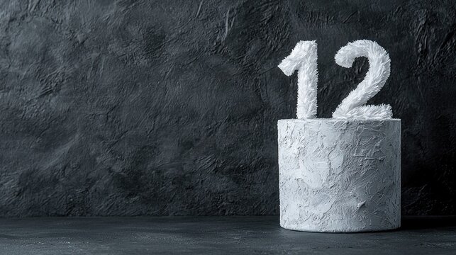 White number twelve on textured cake stand, dark background, celebration concept