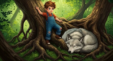 Boy Exploring Forest with Sleeping Wolf by Tree Root Illustration