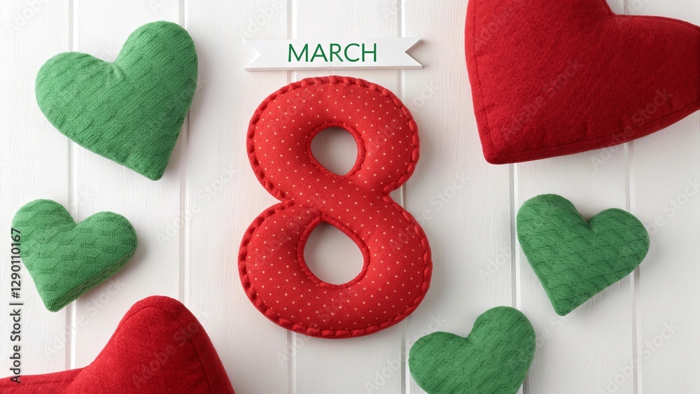 Poster a red and green heart with the number 8 on it
