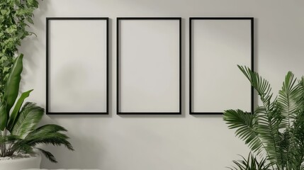 Three empty frames on a wall surrounded by greenery