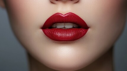 Fototapeta premium Close-up of perfectly shaped lips showcasing bold red lipstick
