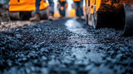 Fresh asphalt being laid down on road construction. Shows process of road resurfacing and repair.