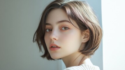 Fototapeta premium Young woman with short hair gazing thoughtfully by a window