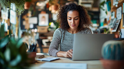 Focused woman working on laptop in cozy office setting desk home small remote modern online female