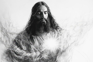 Fototapeta premium ethereal portrait of jesus with flowing robes radiating divine light, rendered in hyperrealistic graphite technique with intricate details and atmospheric shadows