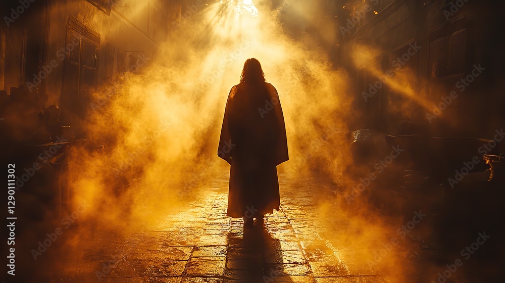 Poster silhouette of jesus in a room with light from window