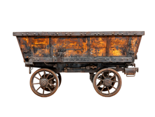 Rusty antique mining cart, isolated on transparent background