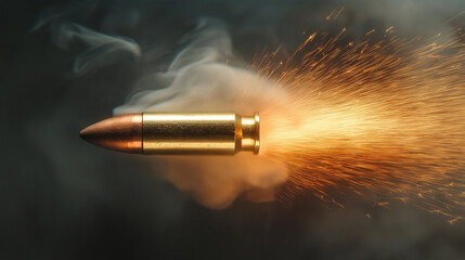 A bullet in the air, shot in slow motion as it shoots out of the barrel of a firearm
