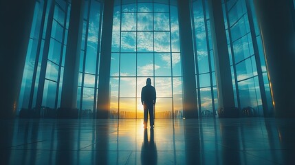 Fototapeta premium silhouette of jesus in worship standing in a room with large windows