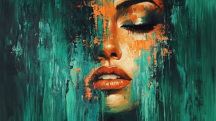 Abstract portrait of a woman's face, painted with teal and orange hues, eyes closed.