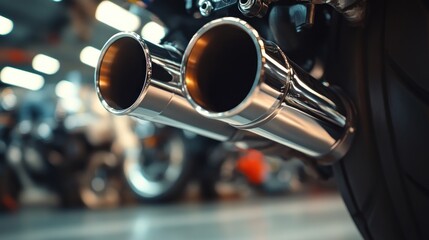 Fototapeta premium Close-up of shiny motorcycle exhaust pipes in garage