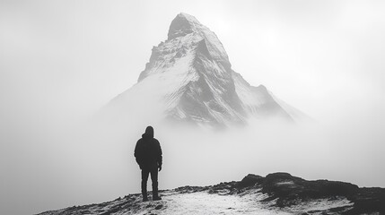 solitary ascent black and white image of a man standing in front of a snowy mountain