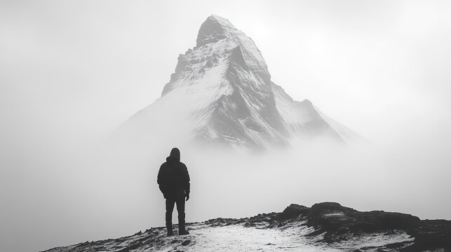 solitary ascent black and white image of a man standing in front of a snowy mountain
