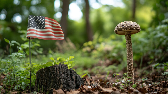 American flag and mushroom in a lush green forest setting tree life fall view fungi plant image rural