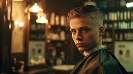 Fototapeta premium Young man in barbershop, waiting for haircut, vintage vibe