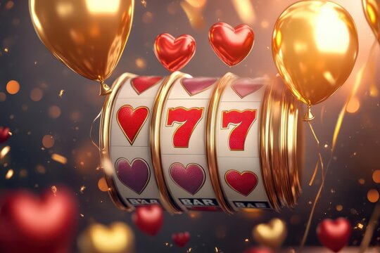 festive slot machine spins with ruby hearts and golden balloons, soft casino glow bathes a valentine-themed thrill in warm hues.