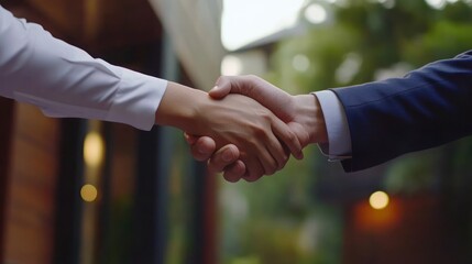 Business professionals shaking hands outdoors in soft light