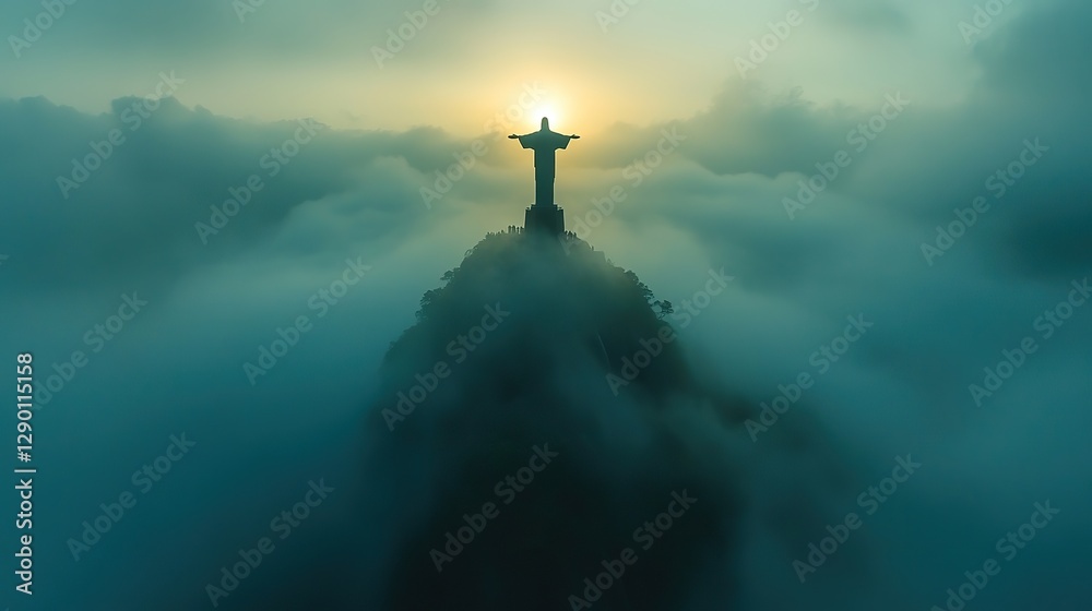 Poster statue of christ on top of the mountain with foggy background