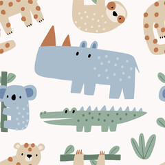 Cute African Safari animals flat style. Childish rhinoceros, giraffe, leopard, crocodile, koala. Kids vector seamless pattern © NadezdaBarkova