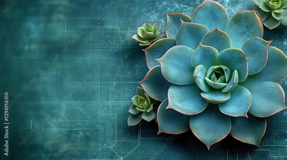 Poster succulent flower design on a green background with architectural blueprint elements symbolizing growth and innovation in technology engineering or architecture