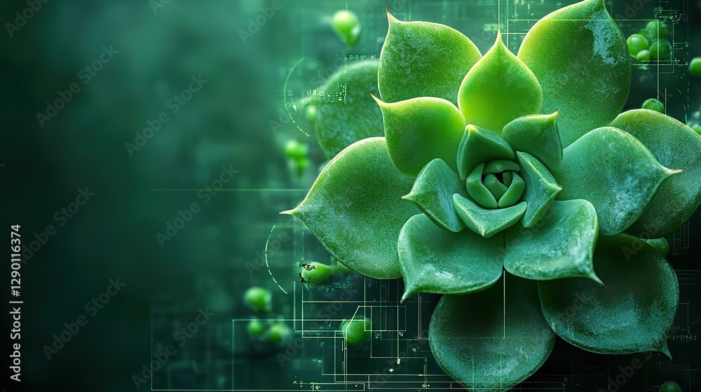 Poster succulent flower design on a green background with architectural blueprint elements symbolizing growth and innovation in technology engineering or architecture