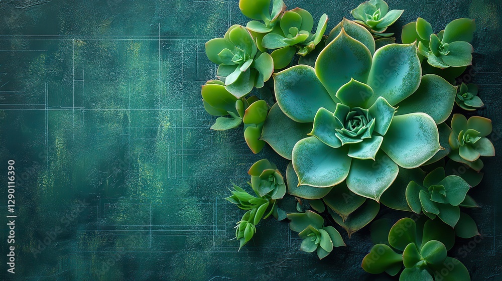 Poster succulent flower design on a green background with architectural blueprint elements symbolizing growth and innovation in technology engineering or architecture
