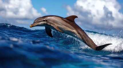 Obraz premium Graceful dolphin leaping from the azure ocean water with splashing waves under a cloudy sky marine life beauty