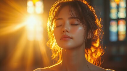 sunlit prayer asian woman praying in the church in the sunbeams shining through the window