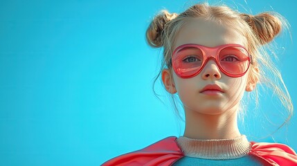 superhero kid girl with red cape and mask on blue sky background