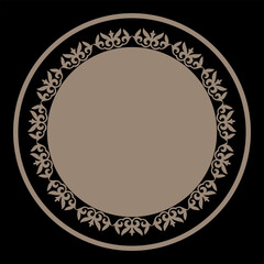 Oriental gold round frame with arabesques and floral motifs. Abstract gold ornament with place for your text. Beautiful round frame arabesque. For round surfaces, utensils, embroidery, porcelain