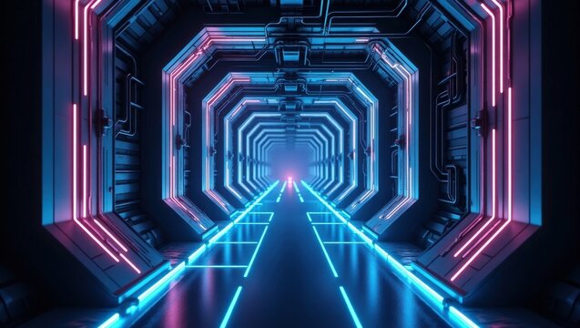 modern corridor with neon blue like tunnel for background