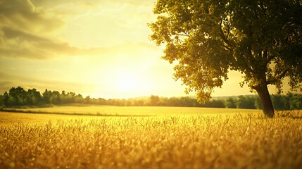 Obraz premium Golden Wheat Field at Sunset with a Single Tree